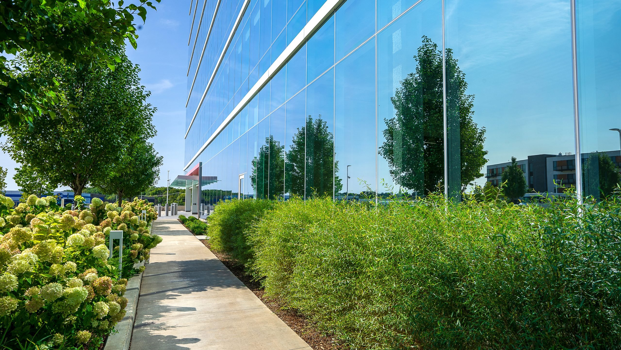 Urban landscape maintenance near office building glass facade at R1ver