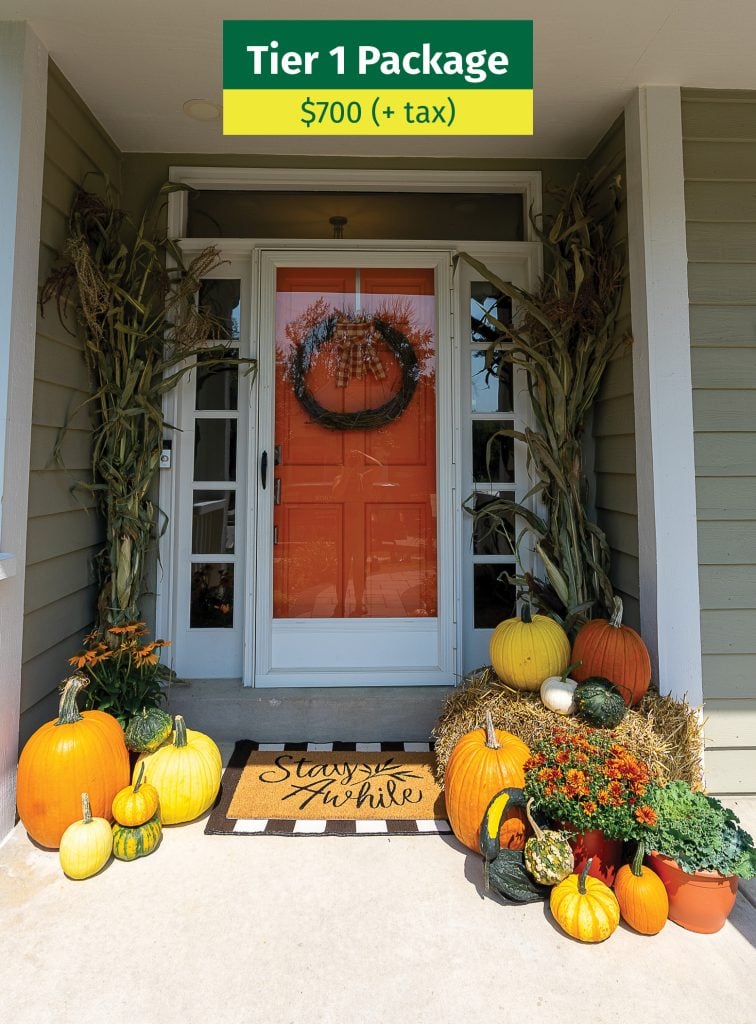Tier 1 fall porch décor package with wreath, pumpkins, gourds, one straw bale, and corn stalks